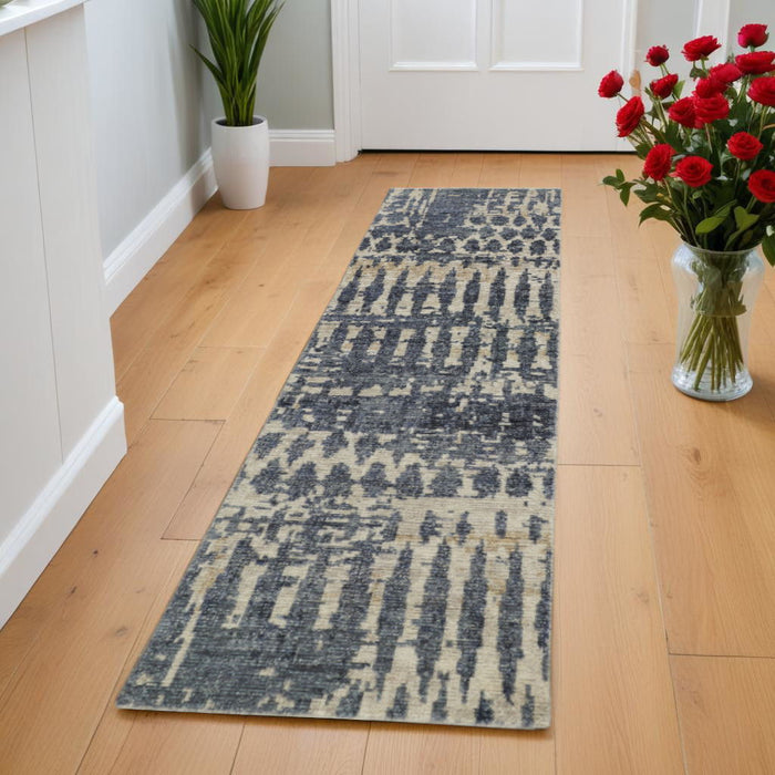 8' Wool Abstract Hand Knotted Runner Rug - Blue Gray And Tan