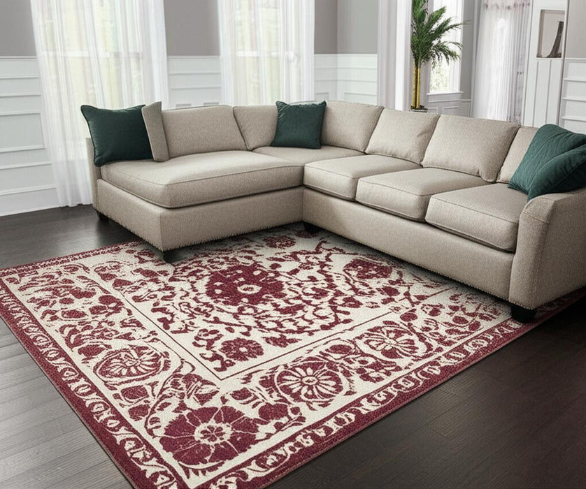 9' X 13' Tribal Washable Area Rug With UV Protection (610074) - Beige / Maroon
