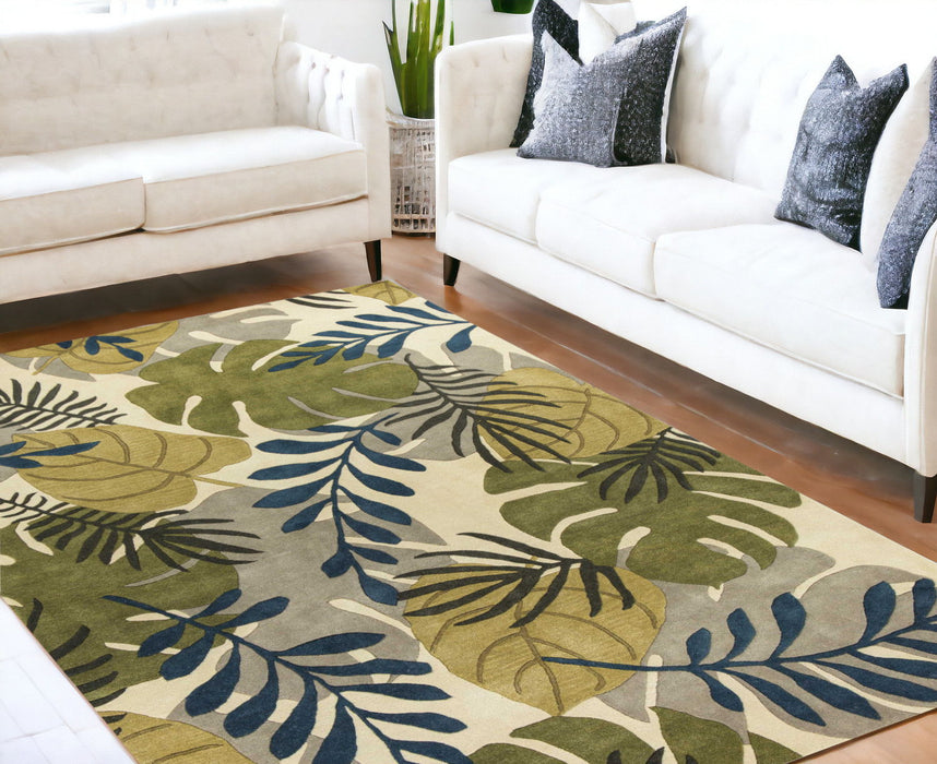 5' x 8' Wool Area Rug - Ivory And Green