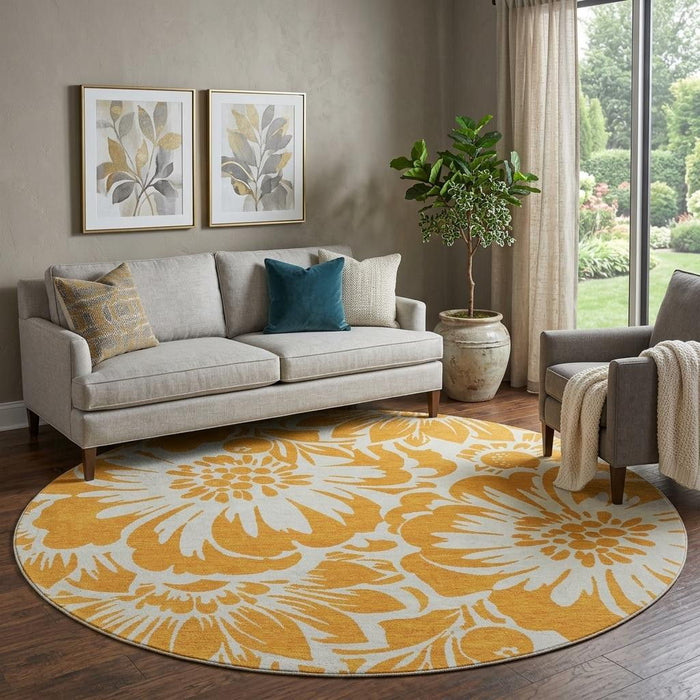 8' Floral Washable Round Rug With UV Protection (648673) - Orange / Ivory