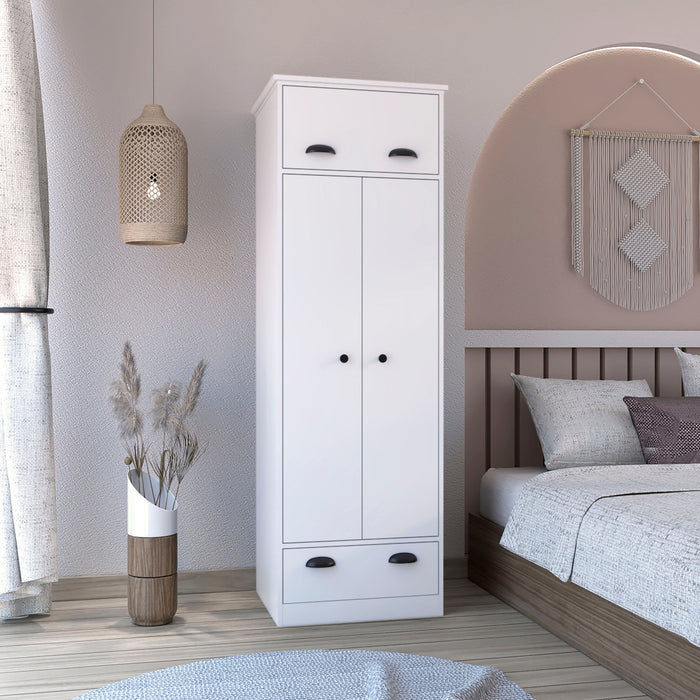 White Giga wardrobe dresser with upper storage, two central shelves, hanging tube behind doors, and a bottom drawer.