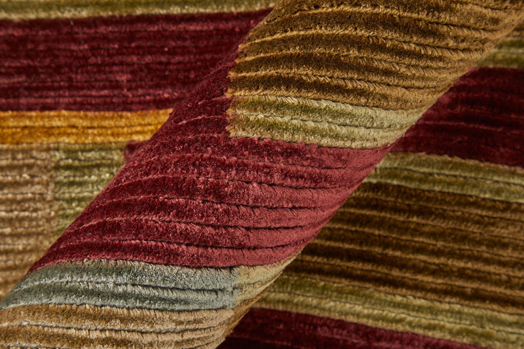 5' X 8' Striped Hand Knotted Area Rug (744174) - Gold / Green / Red