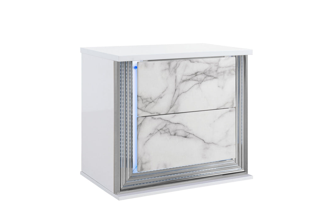 25" Wood Faux Marble Solid And Manufactured Wood Lighted Two Drawer Nightstand With USB Port - White