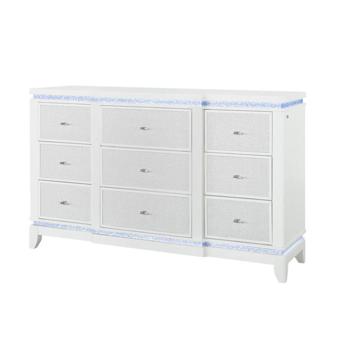 62" Faux Crystal Glitter Wood Lighted Nine Drawer Triple Dresser - White