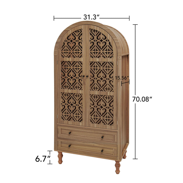 Giga tall walnut accent kitchen pantry cabinet with hollow carved doors, two drawers, and adjustable shelves for kitchen or dining room.