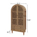 Giga tall walnut accent kitchen pantry cabinet with hollow carved doors, two drawers, and adjustable shelves for kitchen or dining room.