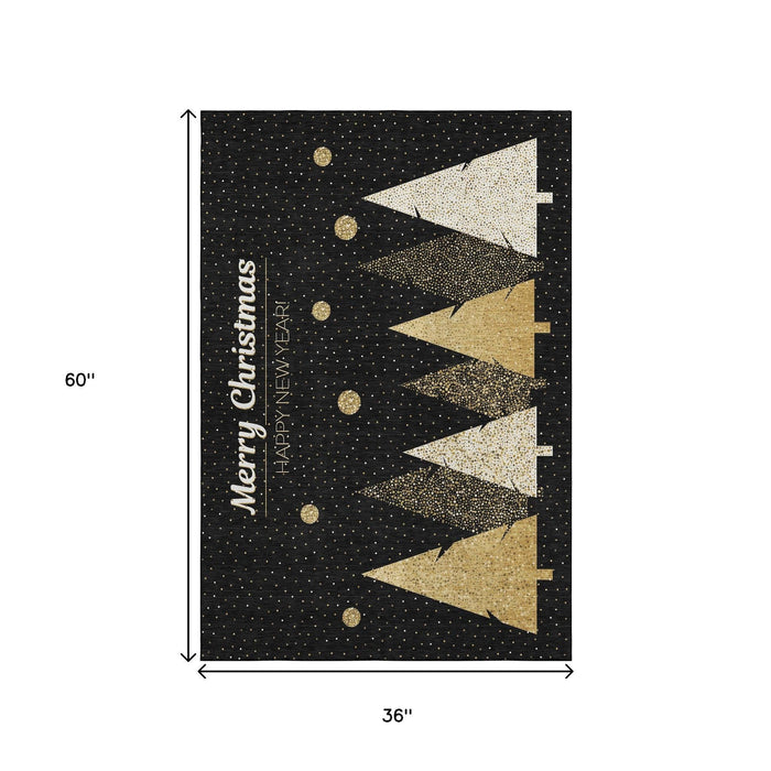 3' X 5' Christmas Tree Washable Area Rug With UV Protection (646464) - Black / Gold / Ivory