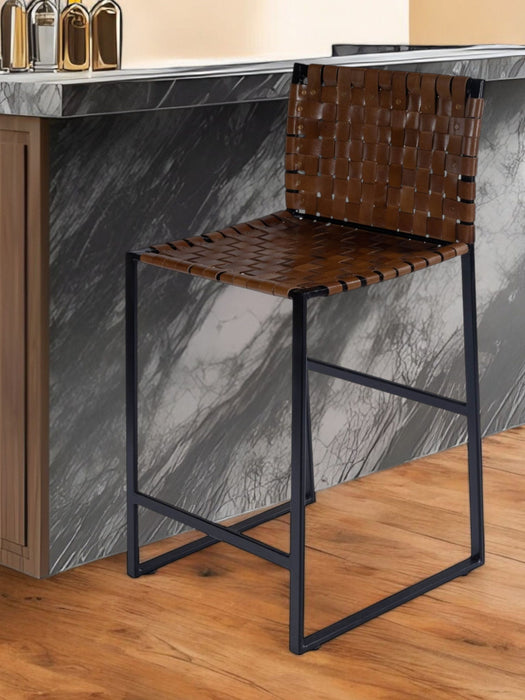36" Leather And Iron Bar Chair - Brown And Black