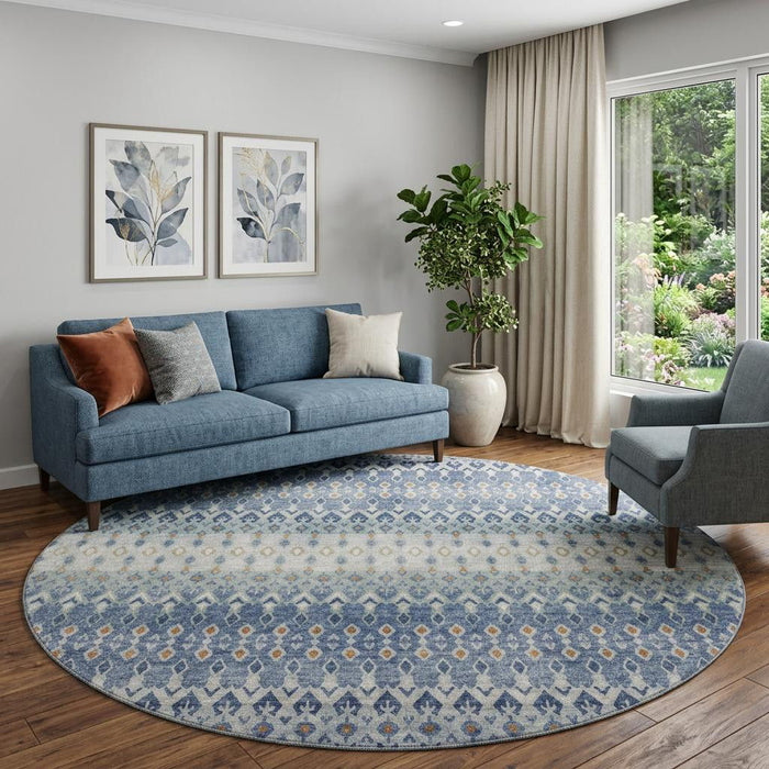 8' Tribal Distressed Washable Round Rug With UV Protection (643806) - Aqua / Gray / Orange