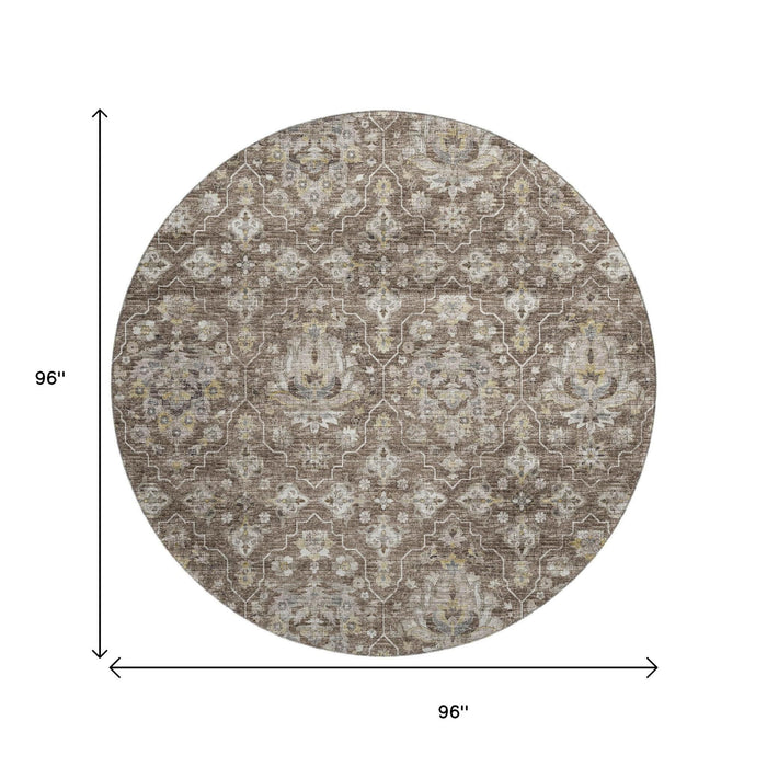 8' Floral Medallion Distressed Washable Round Rug With UV Protection (644559) - Taupe / Ivory / Gold