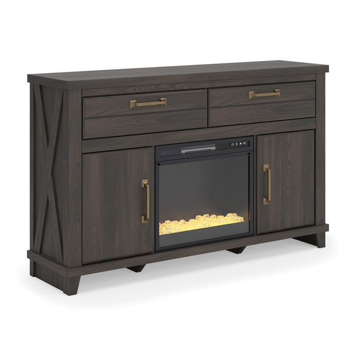 Signature Design by Ashley Brazen Valley TV stand with built-in fireplace, showcasing a contemporary wood finish and storage cabinets.