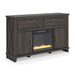 Signature Design by Ashley Brazen Valley TV stand with built-in fireplace, showcasing a contemporary wood finish and storage cabinets.