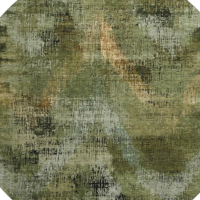8' Abstract Washable Round Rug With UV Protection - Olive Green And Charcoal