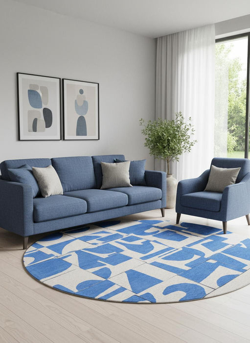 8' Geometric Washable Round Rug (551962) - Blue / White