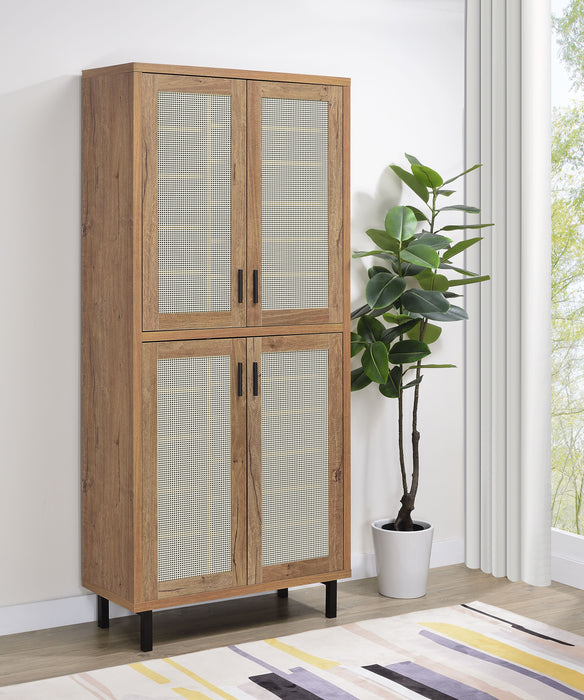 Natural oak 80-inch tall shoe storage cabinet with four doors, featuring a modern furniture design by CoasterEveryday.