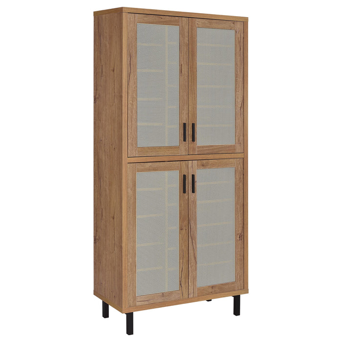 CoasterEveryday 80-inch tall shoe storage cabinet with four doors in natural oak finish, showcasing a spacious furniture piece.