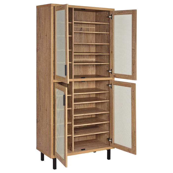 CoasterEveryday Teller 80-inch tall shoe storage cabinet with four doors in natural oak finish, showcasing spacious furniture design.