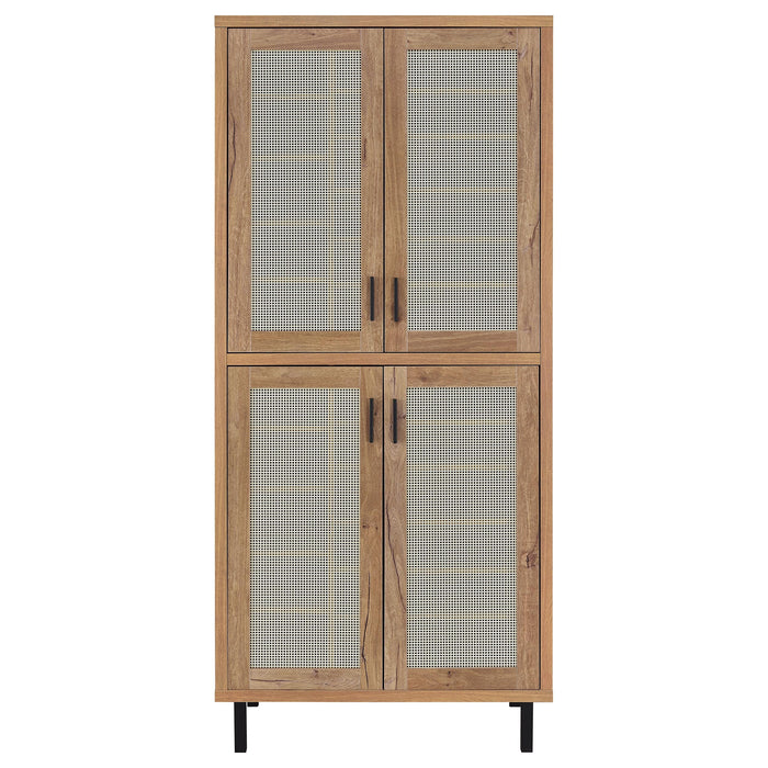 CoasterEveryday Teller 80-inch tall shoe storage cabinet with four doors in natural oak finish, showcasing spacious furniture design