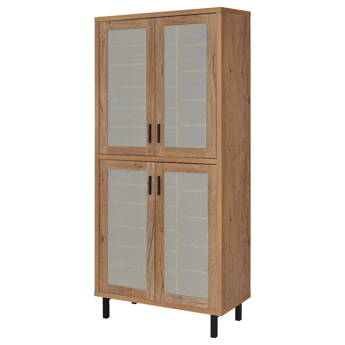 CoasterEveryday Teller 80-inch tall shoe storage cabinet with four doors in natural oak wood finish, ideal for organizing footwear
