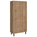 CoasterEveryday 80-inch tall shoe storage cabinet with four doors in natural oak finish, showcasing spacious shoe organization furniture.