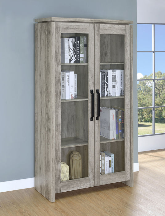 CoasterEssence Alejo 2-door tall cabinet in grey driftwood engineered wood with spacious storage shelving