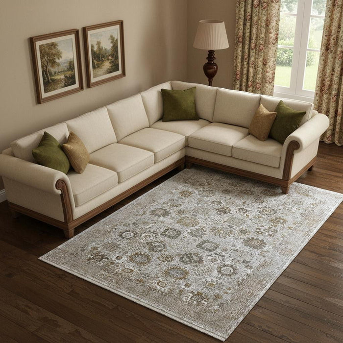 8' X 11' Floral Area Rug With Fringe (722060) - Ivory / Gray / Gold