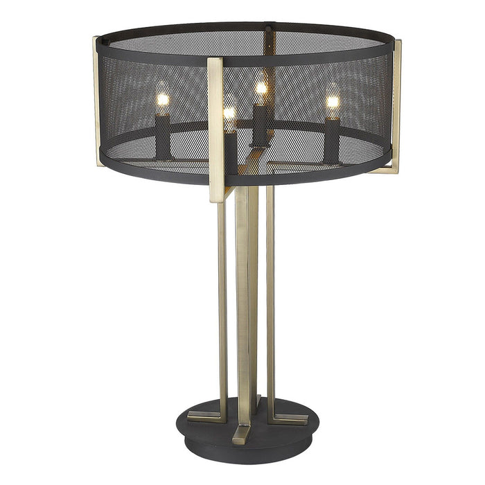 Metal Four Light Geometric Table Lamp With Black Drum Shade - Brass