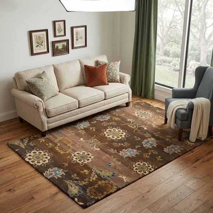 5' X 8' Wool Floral Hand Knotted Area Rug (744137) - Brown / Tan / Green