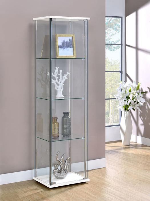 Bellatrix 3-shelf clear glass curio cabinet in white by CoasterEveryday