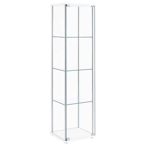 CoasterEveryday Bellatrix white curio cabinet with three clear glass shelves