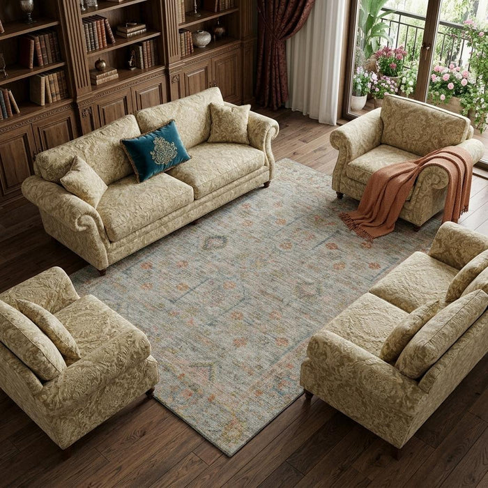 10' X 14' Floral Washable Area Rug With UV Protection (686090) - Taupe / Teal / Coral