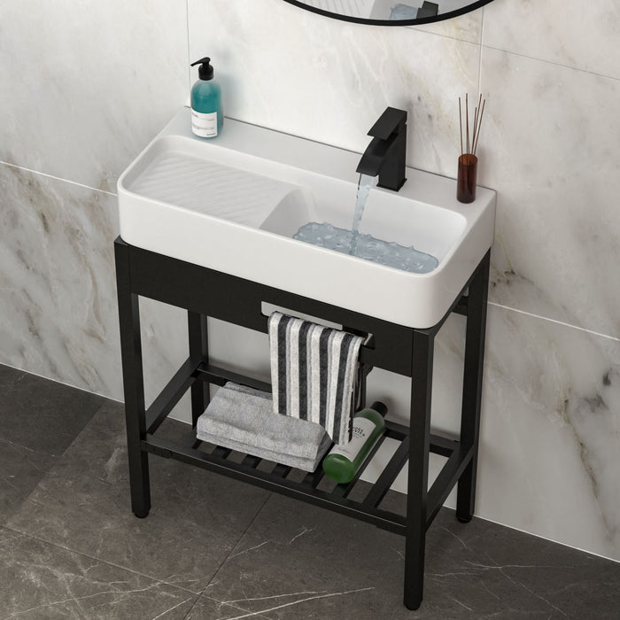 Giga Inspired console vanity sink in white and black with built-in washboard, overflow, and sleek legs, 28x12 inches
