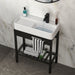 Giga Inspired console vanity sink in white and black with built-in washboard, overflow, and sleek legs, 28x12 inches