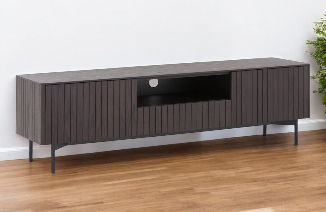 HomeRoots 63-inch wood and metal TV stand with open and enclosed storage, black and dark brown finish.