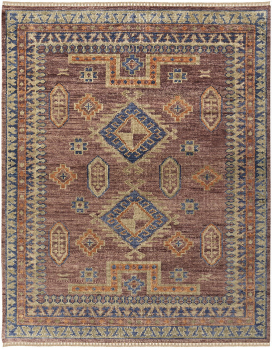 5' x 8' Wool Geometric Hand Knotted Area Rug With Fringe - Blue Red And Tan