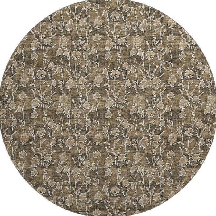 8' Floral Washable Round Rug With UV Protection (656433) - Brown / Ivory