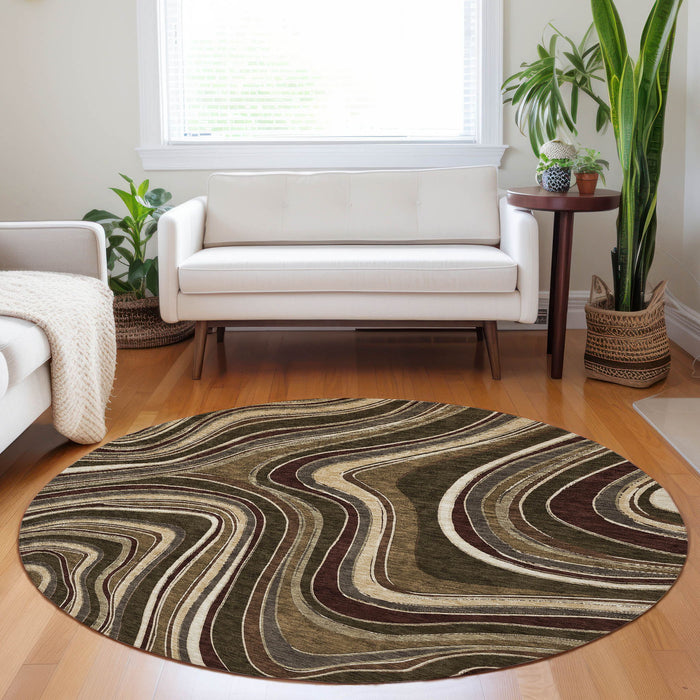 8' Marble Washable Round Rug With UV Protection - Brown