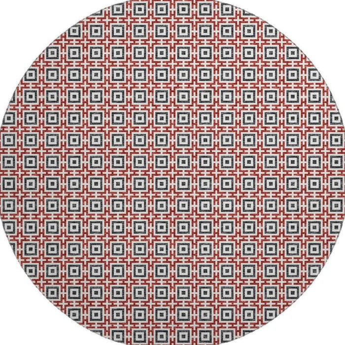 8' Geometric Washable Round Rug With UV Protection - Red
