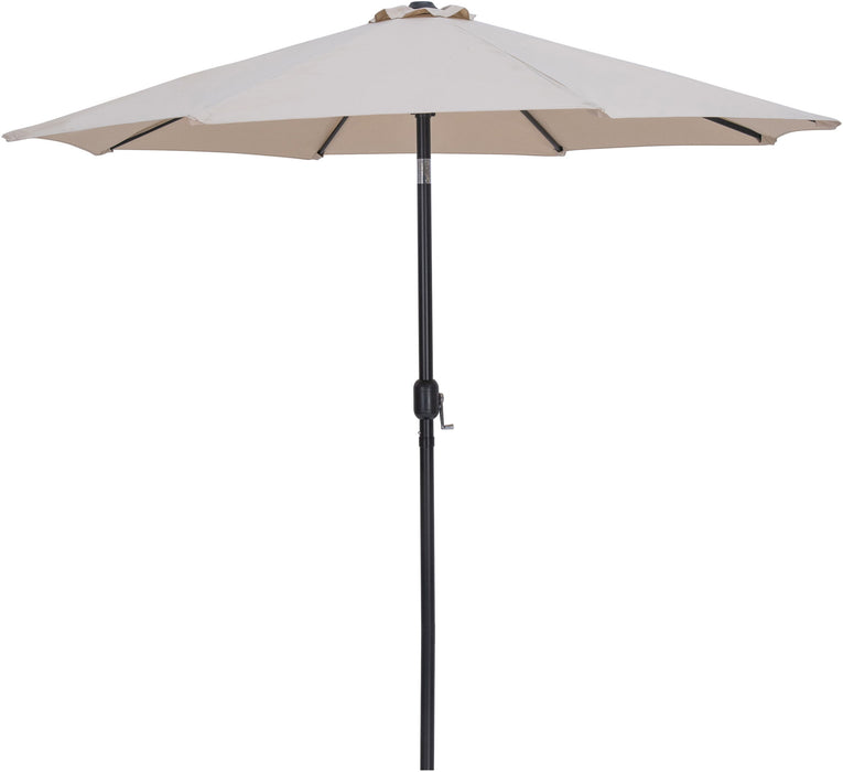Meridian Furniture Fiji aluminum patio umbrella with round white and black base, ideal for outdoor shade and patio decor.