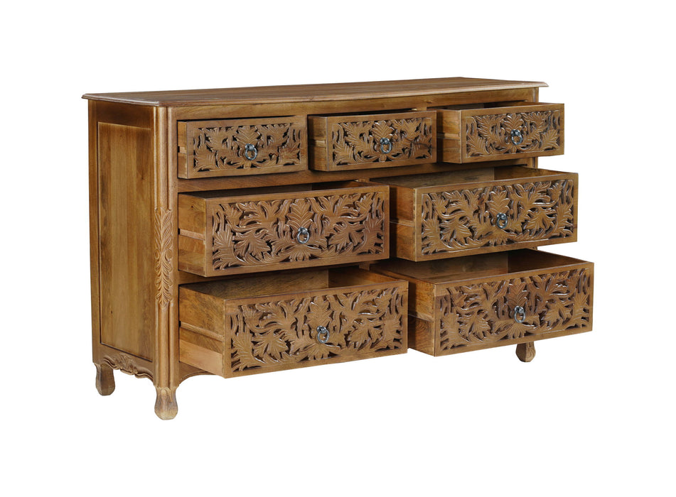 Carved Floral Solid Wood Seven Drawer Dresser - Brown