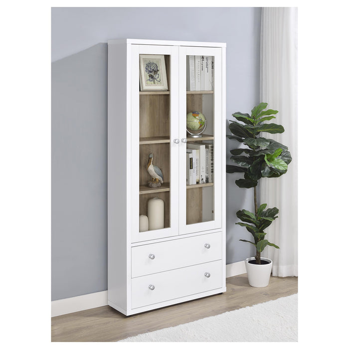 CoasterEveryday Hawthorne white 4-shelf glass door tall cabinet with drawers, modern furniture for storage and display.