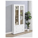 CoasterEveryday Hawthorne white 4-shelf glass door tall cabinet with drawers, modern furniture for storage and display.