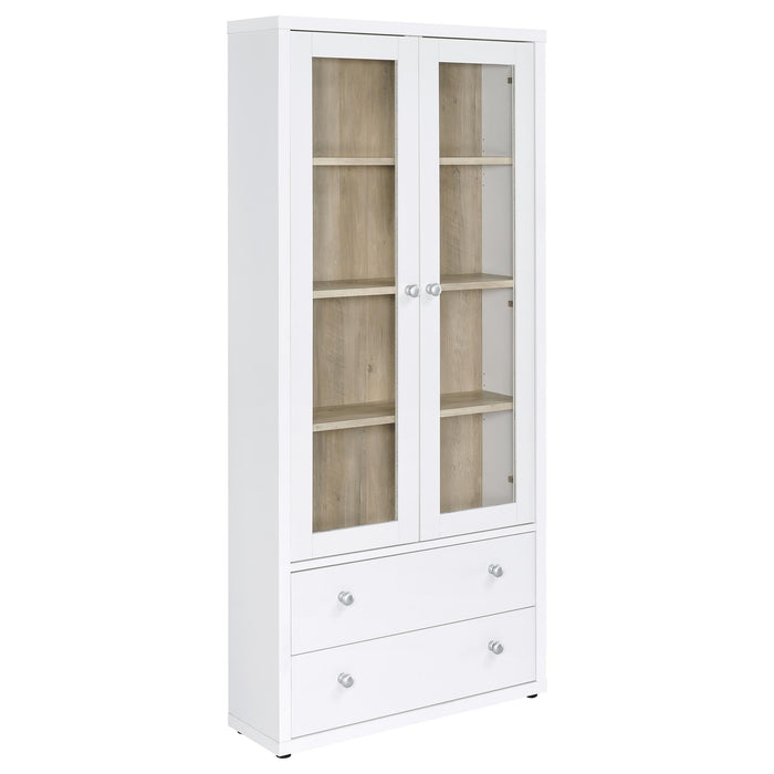 White CoasterEveryday Hawthorne 4-shelf glass door tall cabinet with drawers, showcasing a modern furniture design.