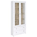 White CoasterEveryday Hawthorne 4-shelf glass door tall cabinet with drawers, showcasing a modern furniture design.