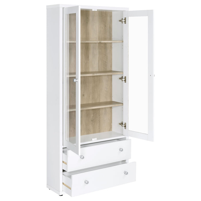 White Hawthorne 4-shelf glass door tall cabinet with drawers, made of wood, showcasing a modern furniture design.