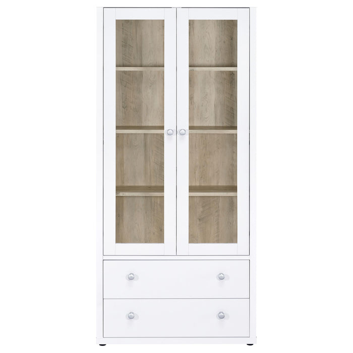 White Hawthorne 4-shelf glass door tall cabinet with drawers by CoasterEveryday, showcasing a modern furniture piece for storage.