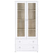 White Hawthorne 4-shelf glass door tall cabinet with drawers by CoasterEveryday, showcasing a modern furniture piece for storage.