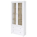 White Hawthorne 4-shelf glass door tall cabinet with drawers, modern furniture piece by CoasterEveryday.