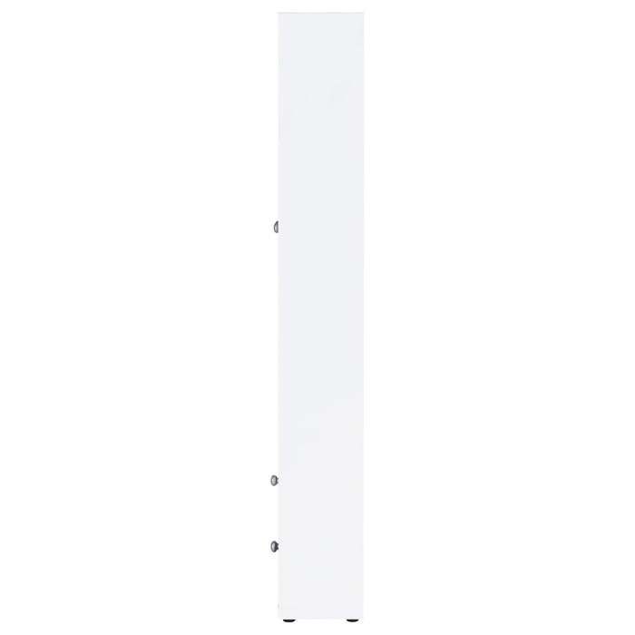 White Hawthorne 4-shelf glass door tall cabinet with drawers from CoasterEveryday, showcasing a modern furniture piece.