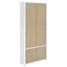 White Hawthorne 4-shelf glass door tall cabinet with drawers by CoasterEveryday, showcasing a modern furniture piece with glass shelves.
